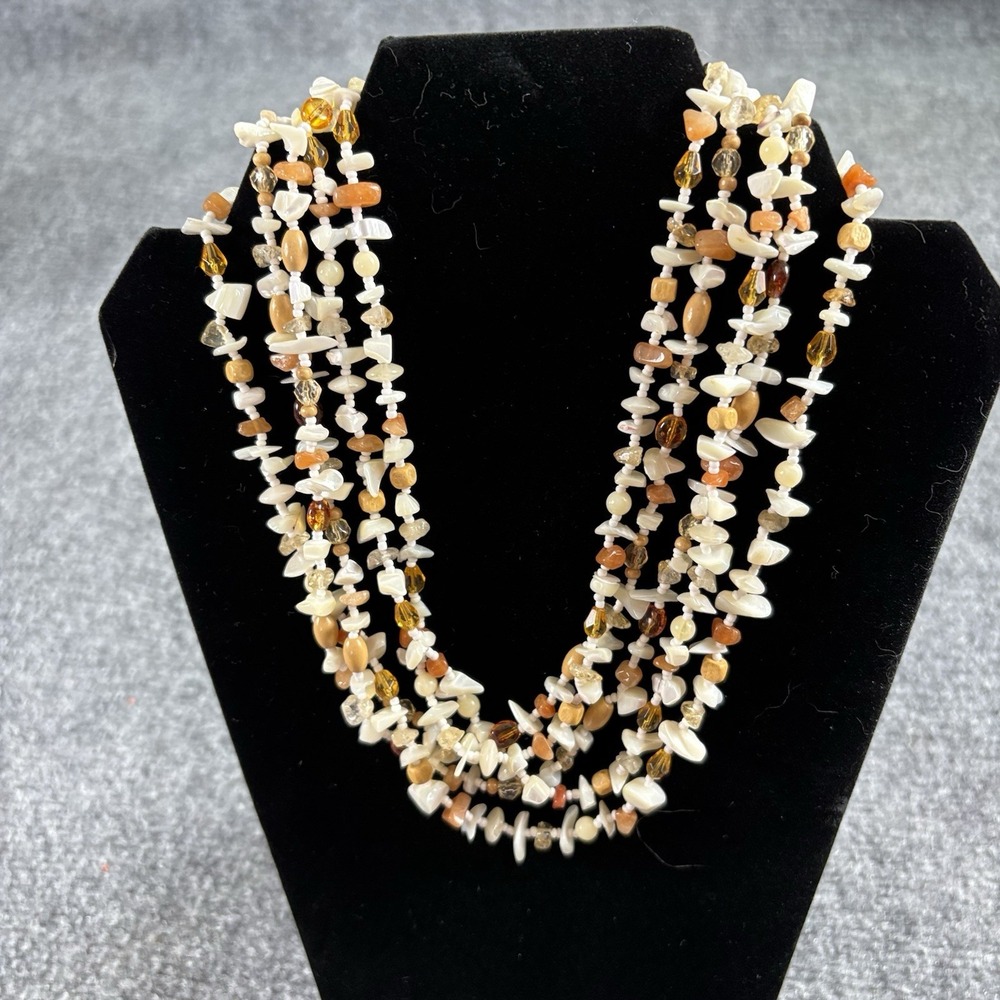 VTG Monet Layered Shell Chip Bead Necklace Amber Cream 5 Strand Statement